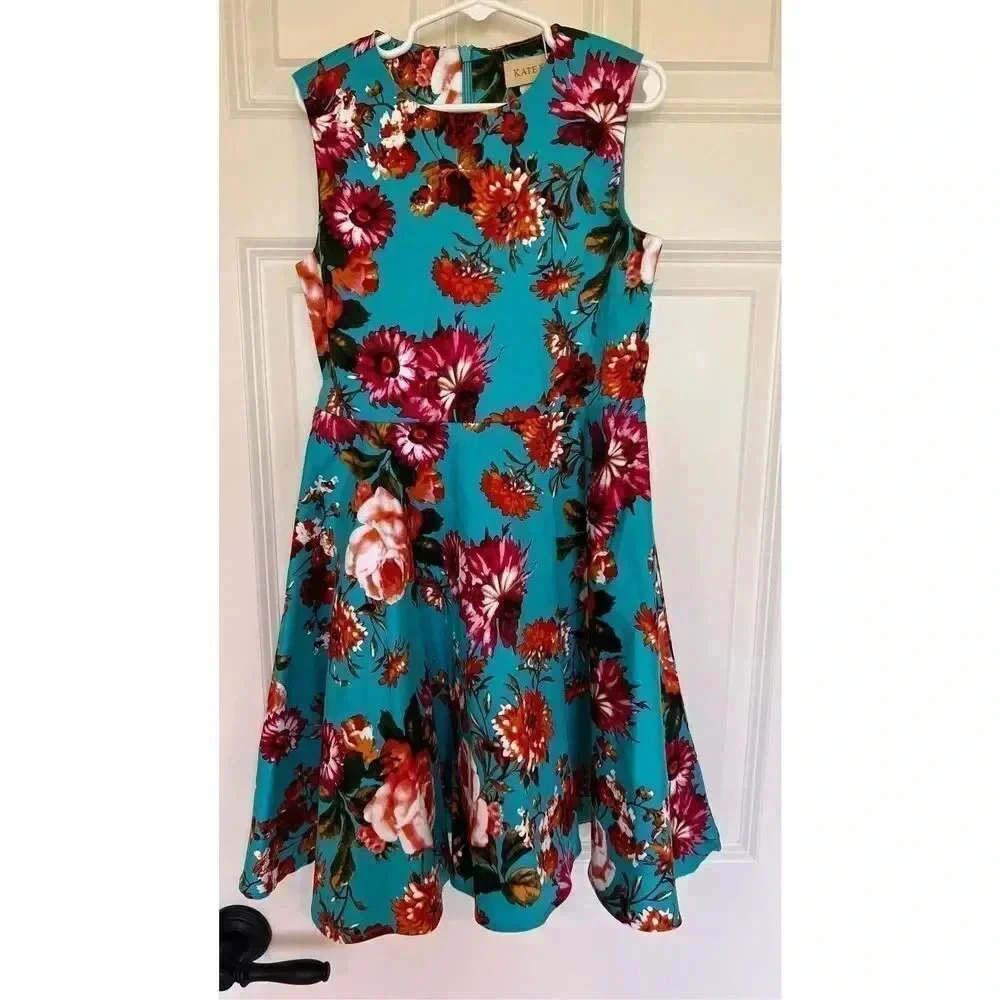 Brand New Kate Kasin Girls 7-8 Fit Flare Floral Sleeveless Midi Dress‎ Blue NWT